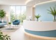 Warm modern dental office reception with soft teal accents